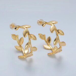 24K Gold Filled Nature Leaf Hoop Earring, Minimalist Nature Leaf Earrings